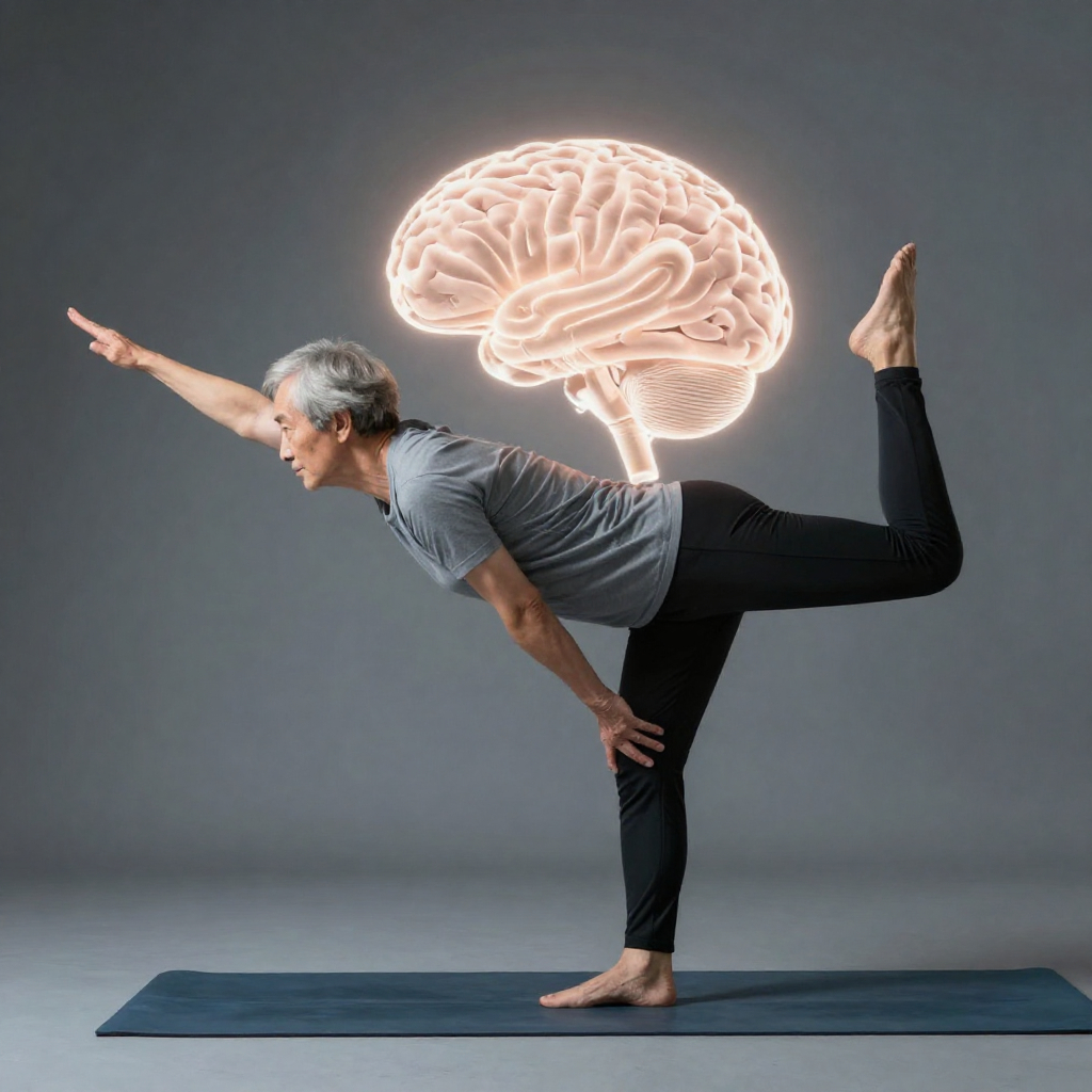 Man practicing yoga with image of healthy brain